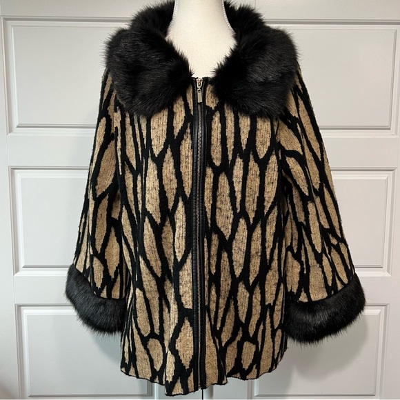 Chico's Size 3 (XL) Fur Trim Knit Cardigan Sweater Jacket Black Tan Animal Print - Picture 1 of 11